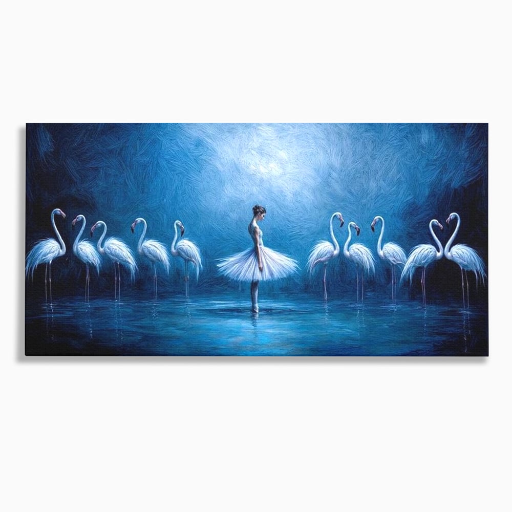 Tablou canvas cu tablou canvas cu balerina si flamingo, fara rama, pe sasiu de lemn